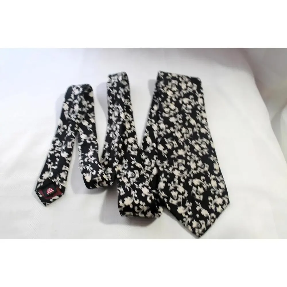 Vintage Custom Silk Necktie, Black & Beige Floral, 3.5 X 56 Inches